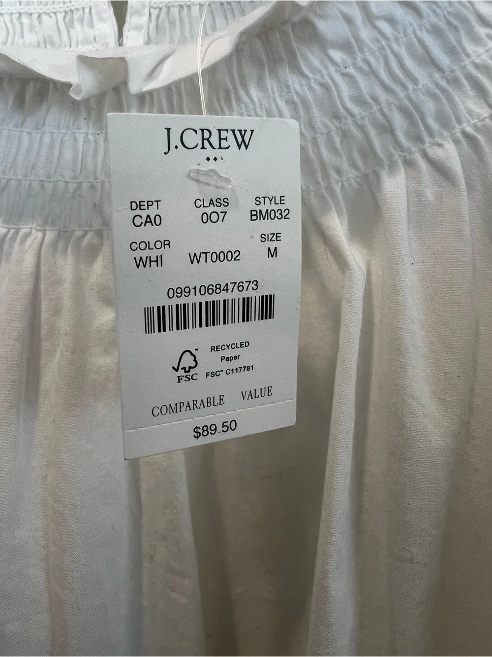 NWT J. Crew White Smocked-Neck Long Bubble Sleeve Top